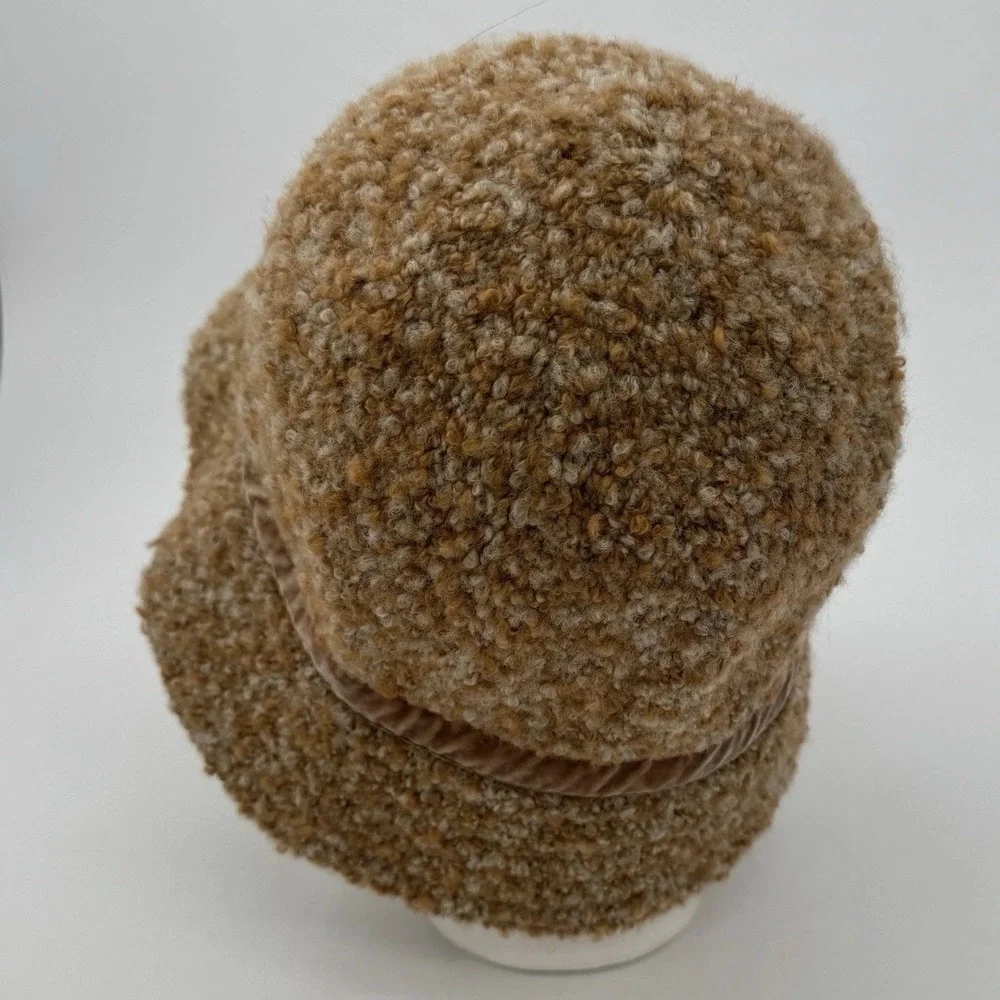 Liz Claiborne Boucle Bucket Hat Tan Brown‎ Ribbon Wool Blend Cloche OS VTG 90s